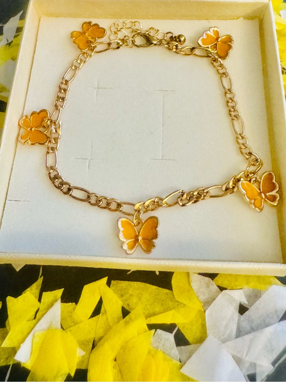 Gold Butterfly Charm Bracelet with Orange Enamel Accents